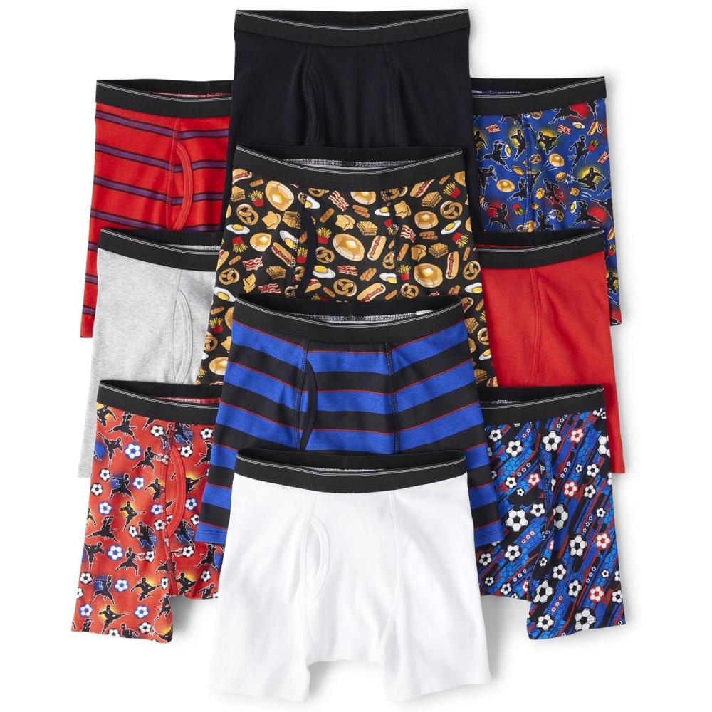 imageThe Childrens Place boys Cotton Boxer Briefs Underwear Variety 10packBlack China Red Food Ninjaedge Blue Foodsblack HT Mist See Comments Soccer Ballsedge Blue Soccer Ninjachina Red Stripe 1china Red Stripe 5edge Blue White