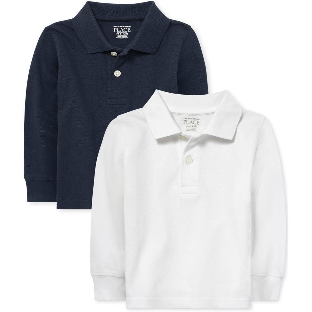 imageThe Childrens Place boys Long Sleeve Pique PoloNauticoWhite 2pack
