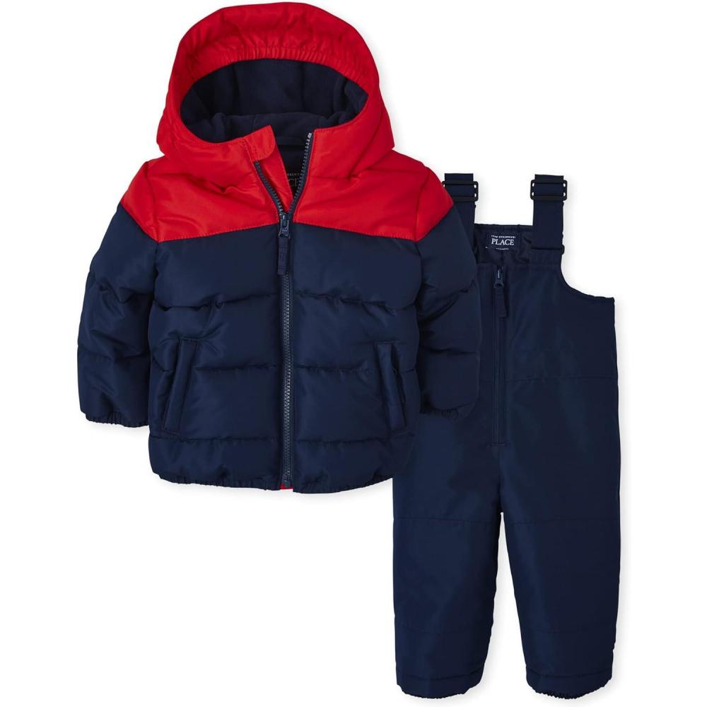 imageThe Childrens Place boys Toddler Boys Long Sleeve 3 in 1 Jacket and Sleeveless Solid Snow Overalls 2piece Snow Set