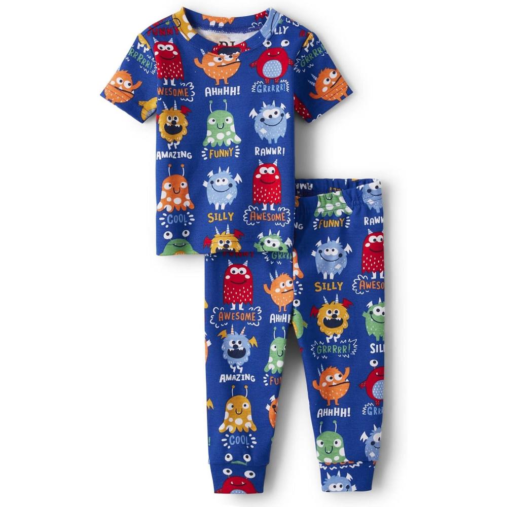 imageThe Childrens Place Baby Boys Snug Fit 100 Cotton Short Sleeve Top and Pants 2 Piece Pajama SetEdge Blue Monsters
