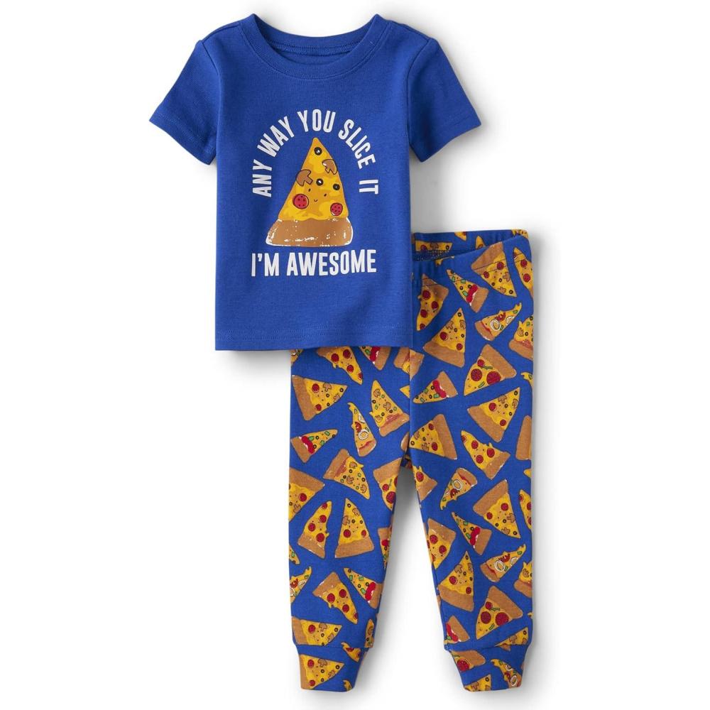 imageThe Childrens Place Baby Boys Snug Fit 100 Cotton Short Sleeve Top and Pants 2 Piece Pajama SetPizza Slice