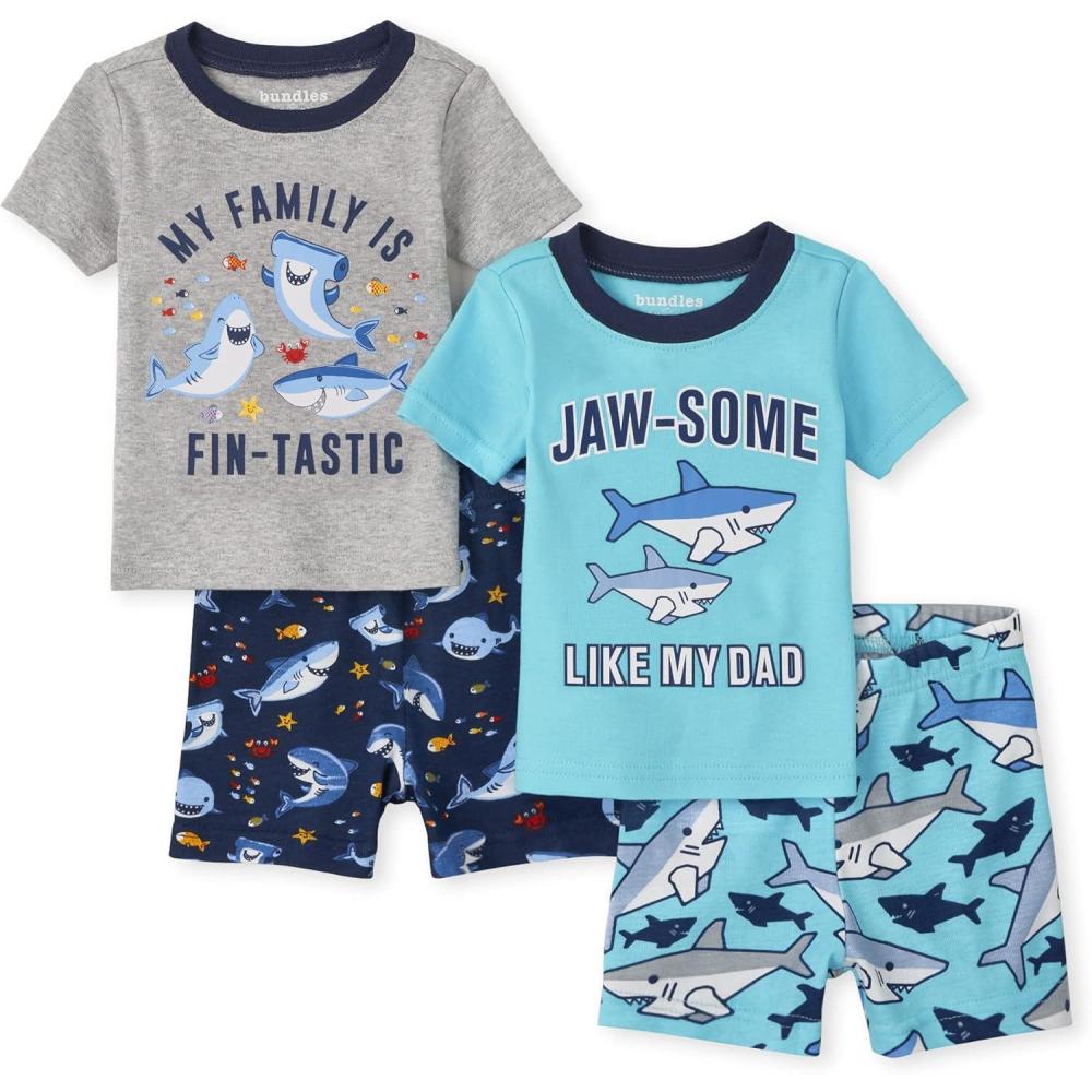 imageThe Childrens Place BabyBoys and Toddler Snug Fit 100 Cotton Short Sleeve Top and Shorts 2Piece Pajama SetJawsome Sharks