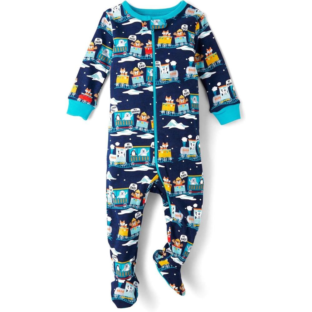 imageThe Childrens Place babyboys And Toddler Long Sleeve 100 Cotton Zipfront One Piece Footed PajamaTrains