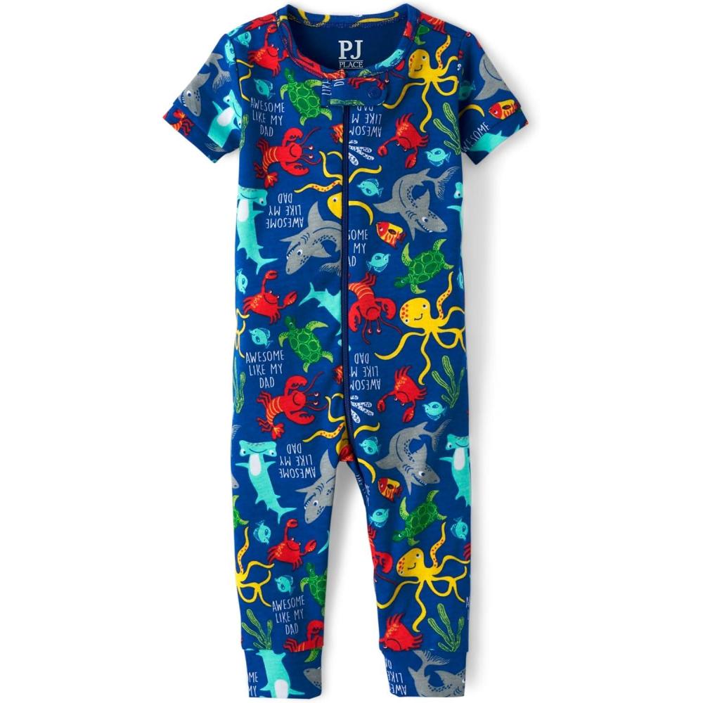 imageThe Childrens Place babyboys And Toddler Short Sleeve Zipfront One Piece Footless Pajama Snug Fit 100 CottonBlue Sea Creature