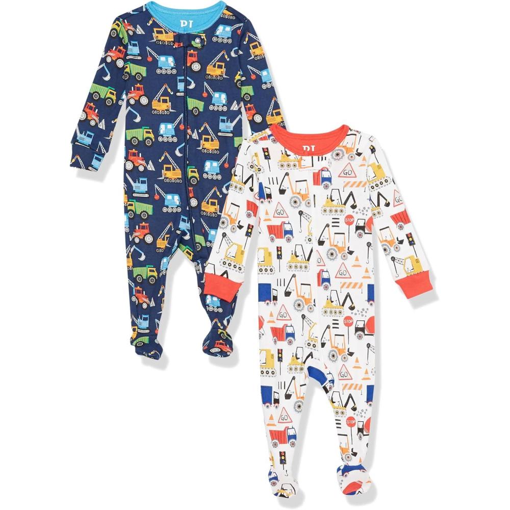 imageThe Childrens Place boys And Toddler Snug Fit 100 Cotton Zipfront One Piece Footed Pajamas 2packConstruction 2pack