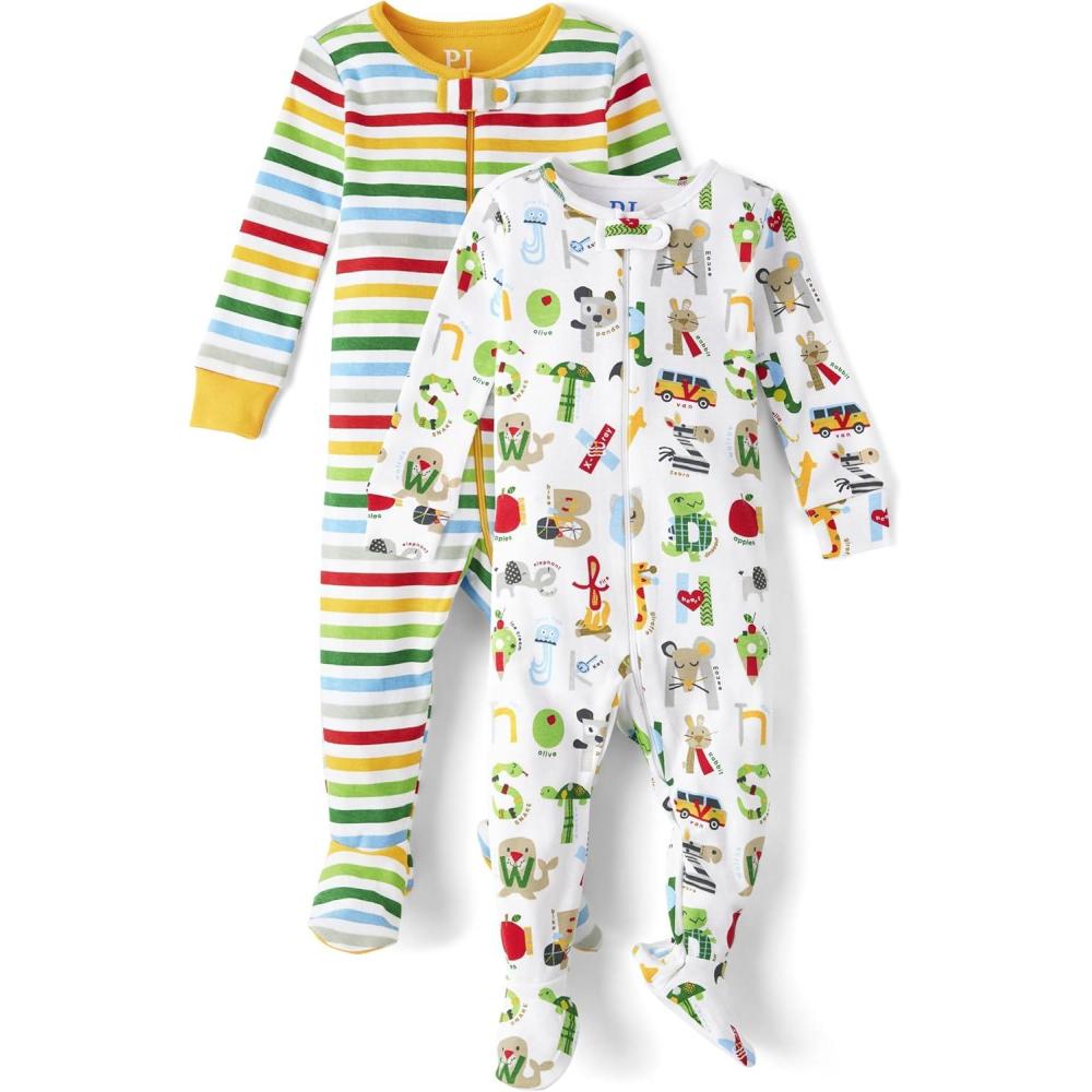 imageThe Childrens Place boys And Toddler Snug Fit 100 Cotton Zipfront One Piece Footed Pajamas 2packSurf City Stripe