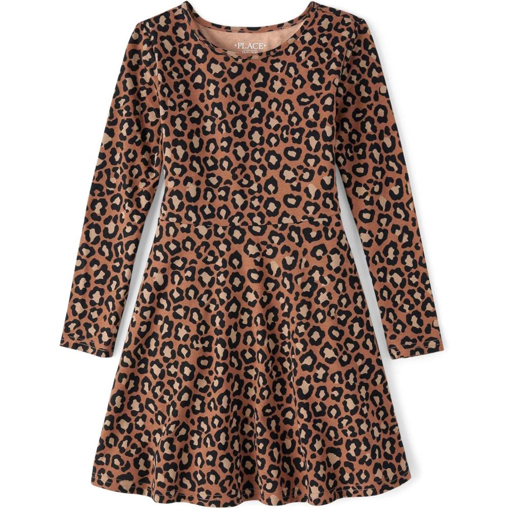 imageThe Childrens Place Girls Printed Skater Dress Long SleeveCheetah Print
