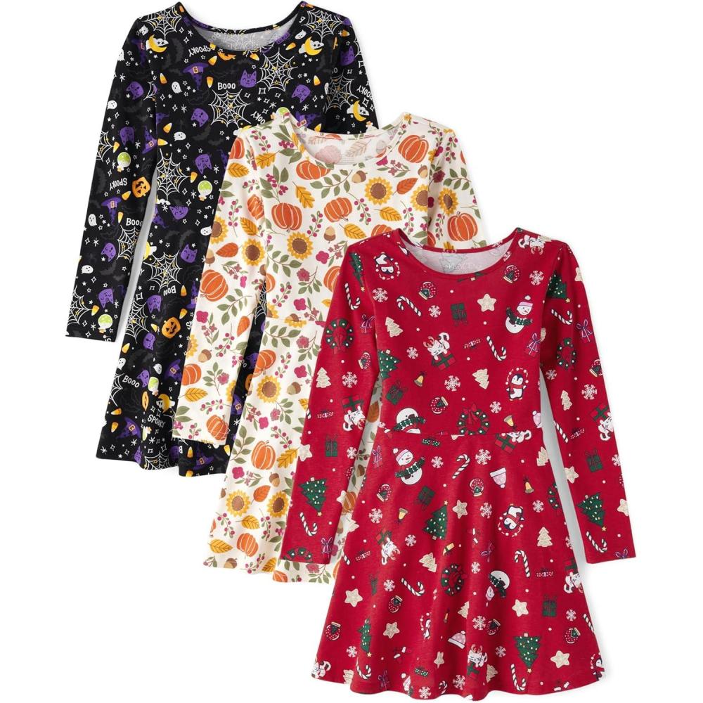 imageThe Childrens Place Girls Printed Skater Dress Long SleeveGhostsPumpkinsCandy Canes