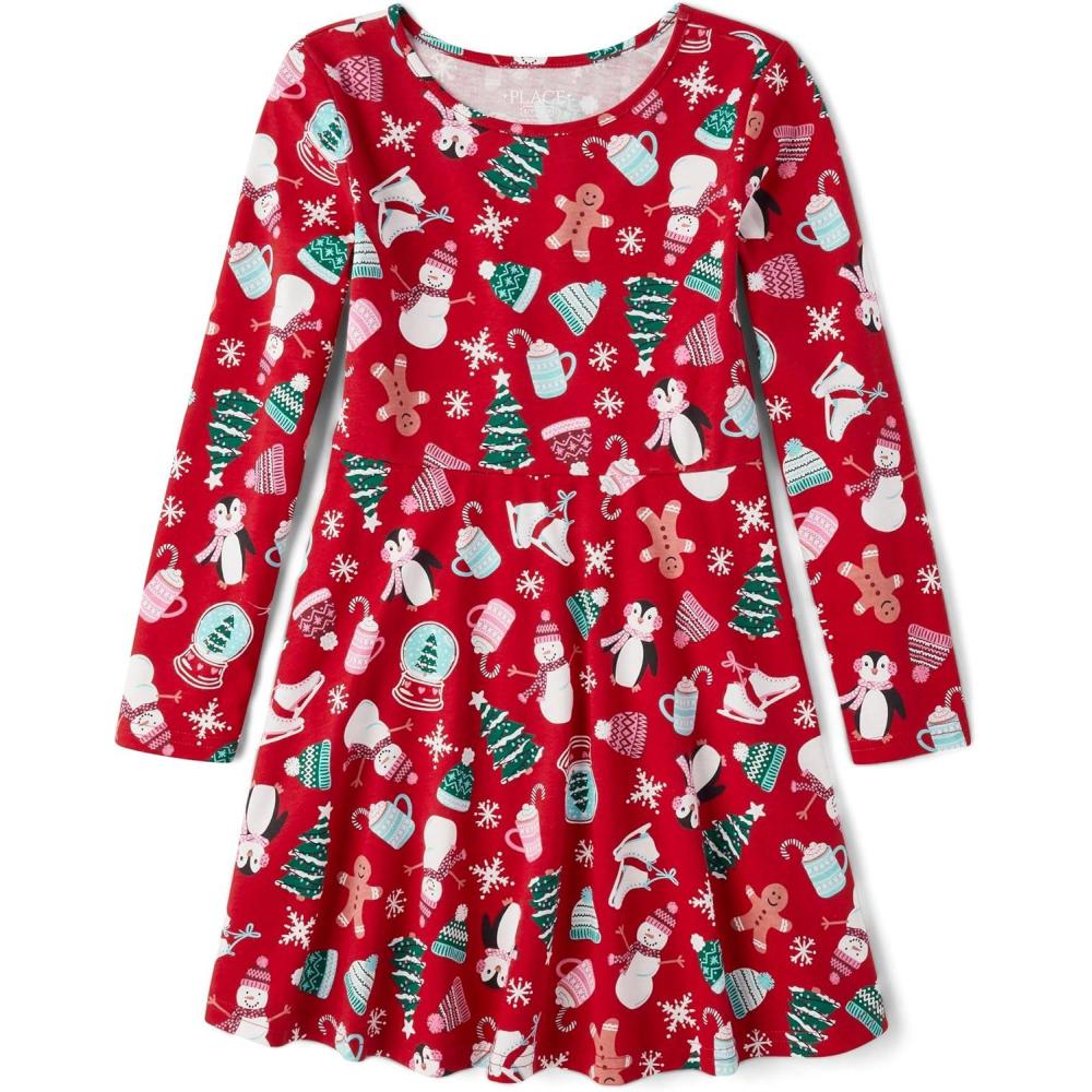 imageThe Childrens Place Girls Printed Skater Dress Long SleeveHoliday Cheer