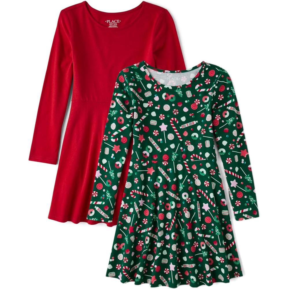 imageThe Childrens Place Girls Printed Skater Dress Long SleeveRedGreen Candy Canes