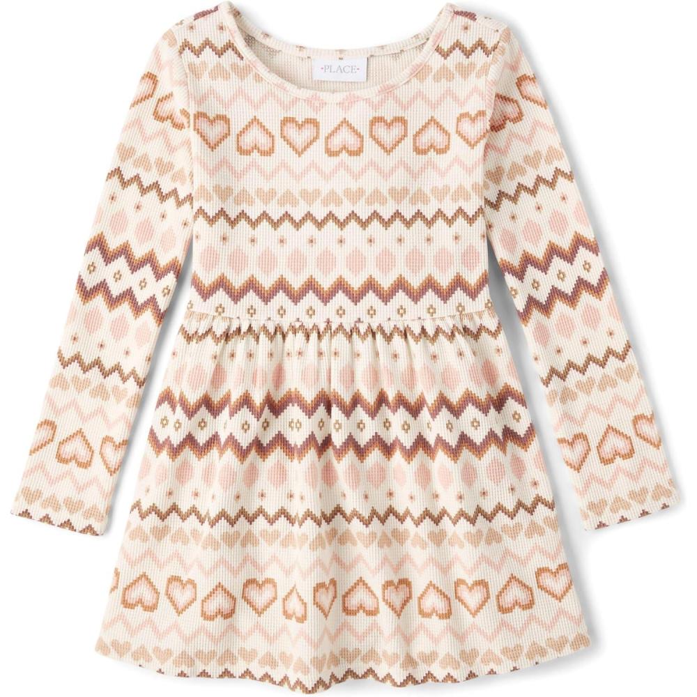 imageThe Childrens Place Girls Printed Skater Dress Long SleeveSierra Tan