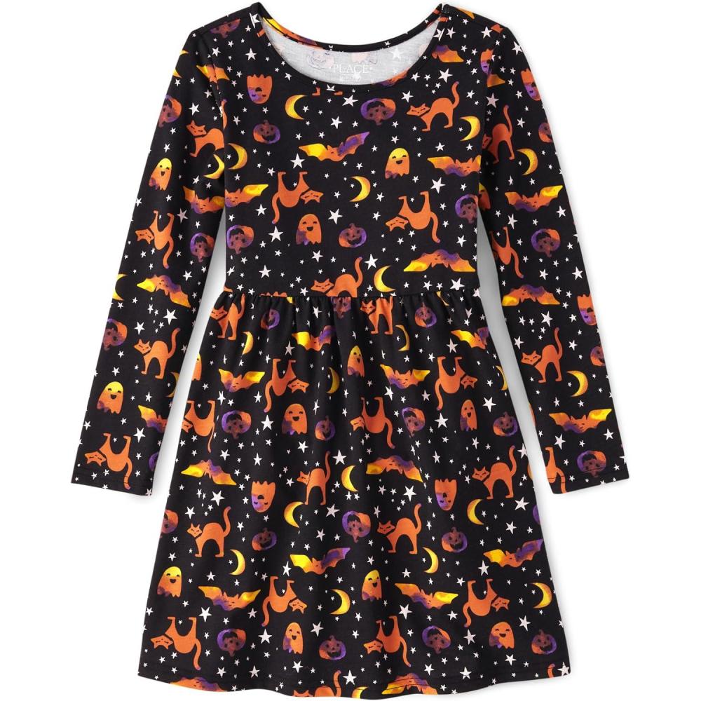 imageThe Childrens Place Girls Printed Skater Dress Long SleeveSpooky Doodle
