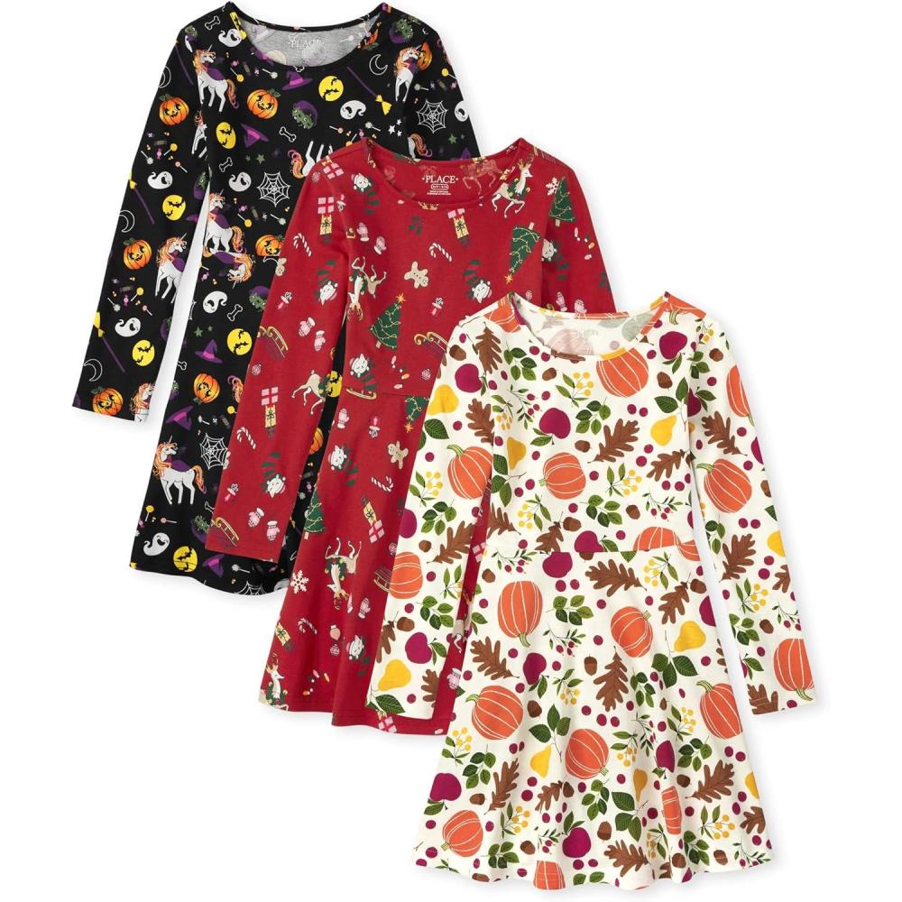imageThe Childrens Place Girls Printed Skater Dress Long SleeveSpookyThankfulTrees
