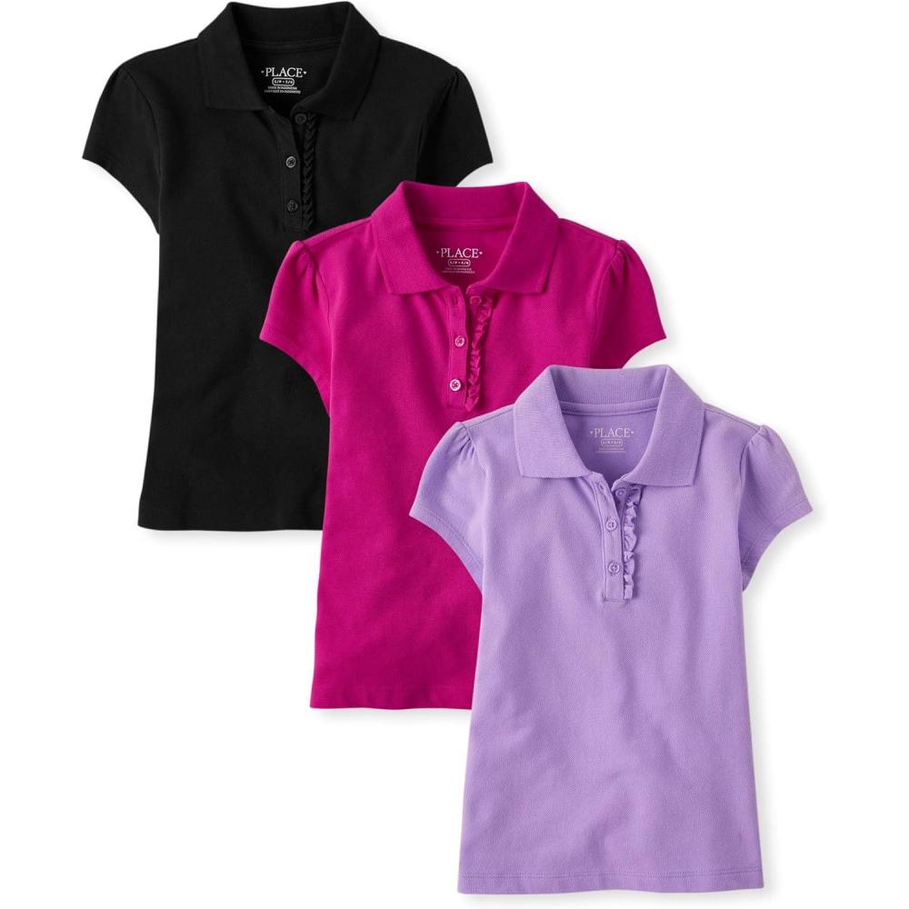 imageThe Childrens Place Girls Short Sleeve Ruffle Pique Polo 3 PackBlackAurora PinkPurple
