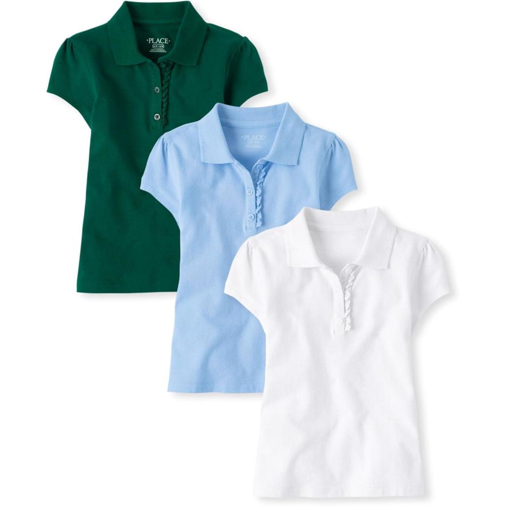 imageThe Childrens Place Girls Short Sleeve Ruffle Pique Polo 3 PackSpruceshadDaybreakWhite
