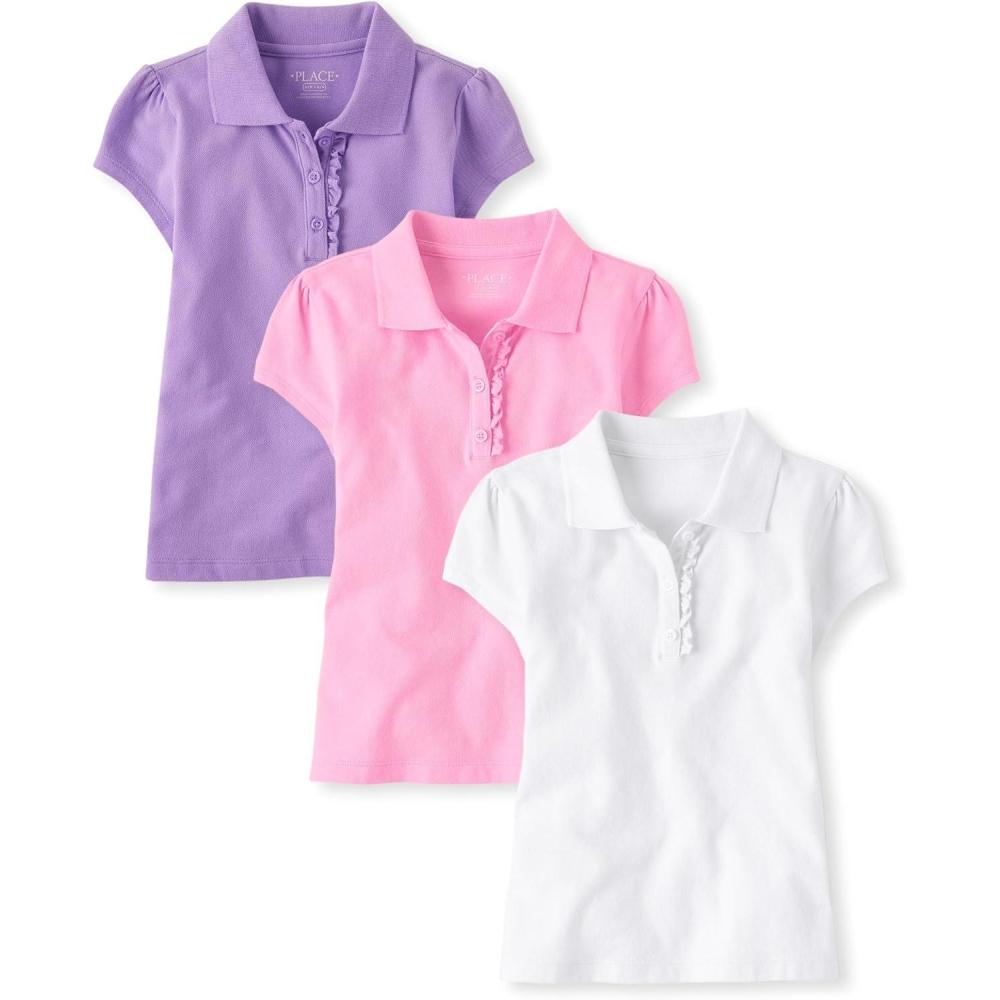 imageThe Childrens Place Girls Short Sleeve Ruffle Pique Polo 3 PackWhiteSparkle PinkPurple