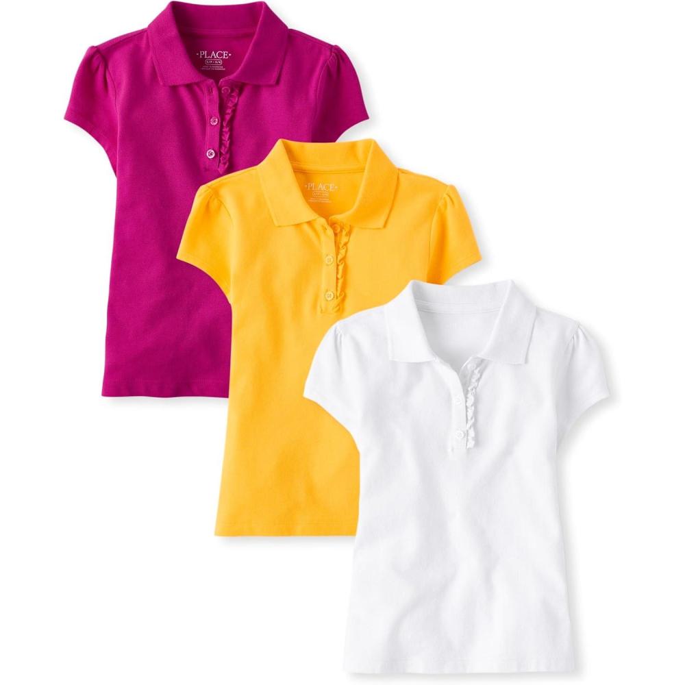 imageThe Childrens Place Girls Short Sleeve Ruffle Pique Polo 3 PackYellowAurora PinkWhite
