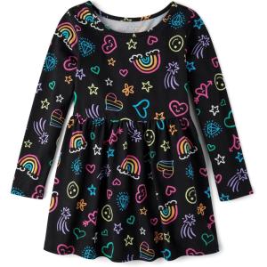 The Children’s Place Girls Printed Skater Dress, Long Sleeve(Black Doodle Icons)