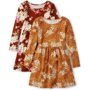 The Children’s Place Girls Printed Skater Dress, Long Sleeve(Cake Floral_honeycomb | Sm Paulina Floral_hot Spice 2-pack)