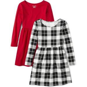 The Children’s Place Girls Printed Skater Dress, Long Sleeve(Printed Birch Plaid_black_simply White 2-pack)
