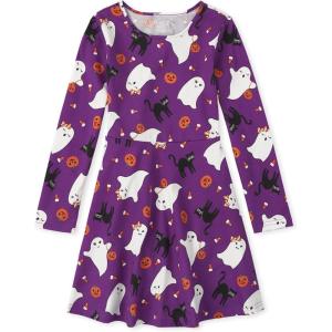 The Children’s Place Girls Printed Skater Dress, Long Sleeve(Purple Ghost Pumpkin Black Cat)
