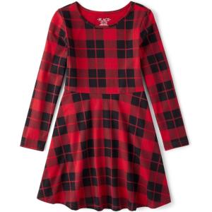 The Children’s Place Girls Printed Skater Dress, Long Sleeve(Red Plaid)