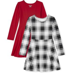 The Children’s Place Girls Printed Skater Dress, Long Sleeve(Red/Black Plaid)