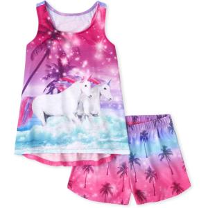The Children’s Place Girls’ Sleeveless Tank Top And Shorts 2 Piece Pajama Set(Ombre Unicorn)