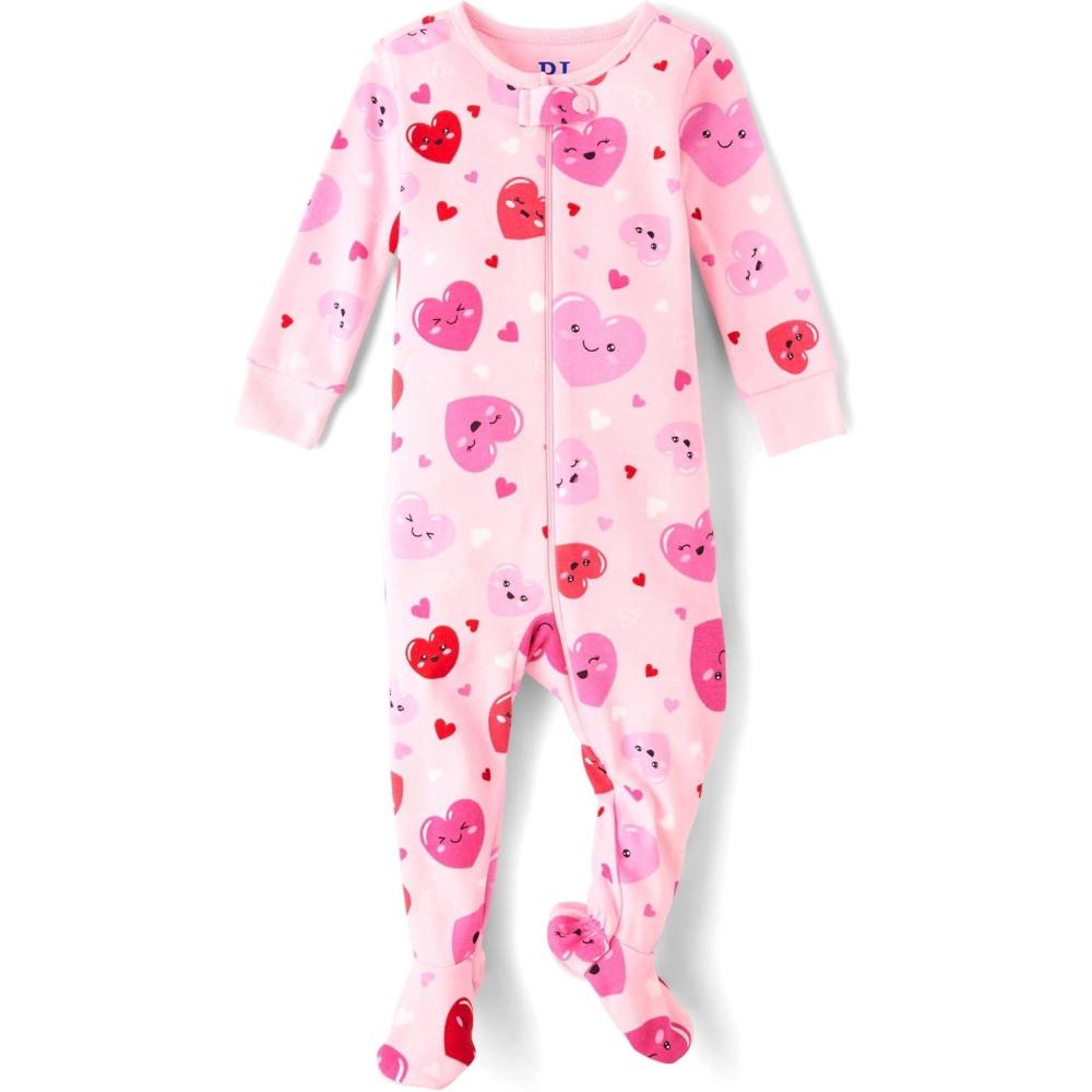 imageThe Childrens Place Baby Girls and Toddler Long Sleeve 100 Cotton ZipFront One Piece Footed PajamaVday Hearts