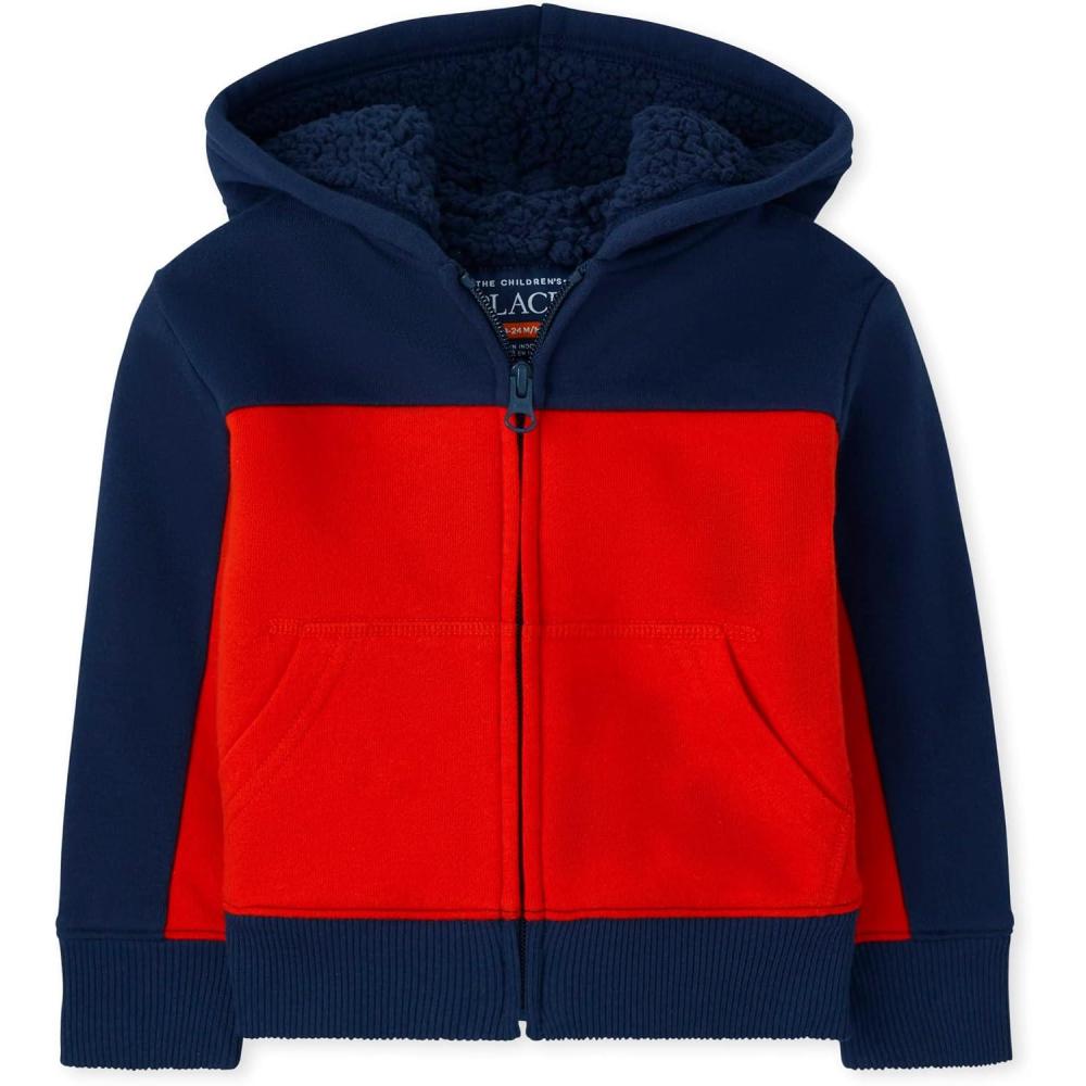 imageThe Childrens Place Baby Toddler Boys Long Sleeve Sherpa Lined ZipFront Hoodie SweatshirtTidal  Cupids Arrow Colorblock