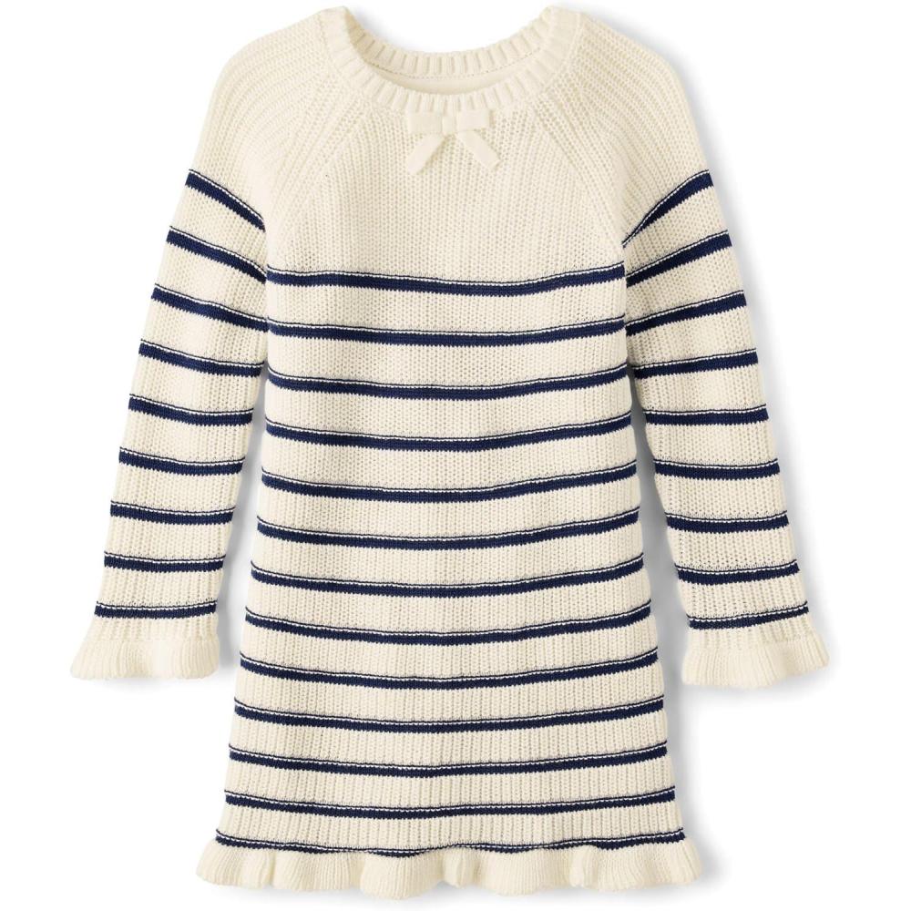 imageThe Childrens Place Baby and Toddler Girls Long Sleeve Sweater DressFair Ivory Stripes