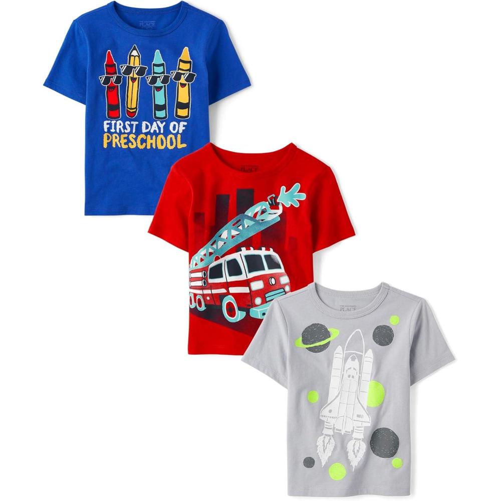 imageThe Childrens Place BabyBoys and Toddler SchoolLearning Short Sleeve Graphic TShirts3 Pack1st Day PreschoolFire TruckRocket