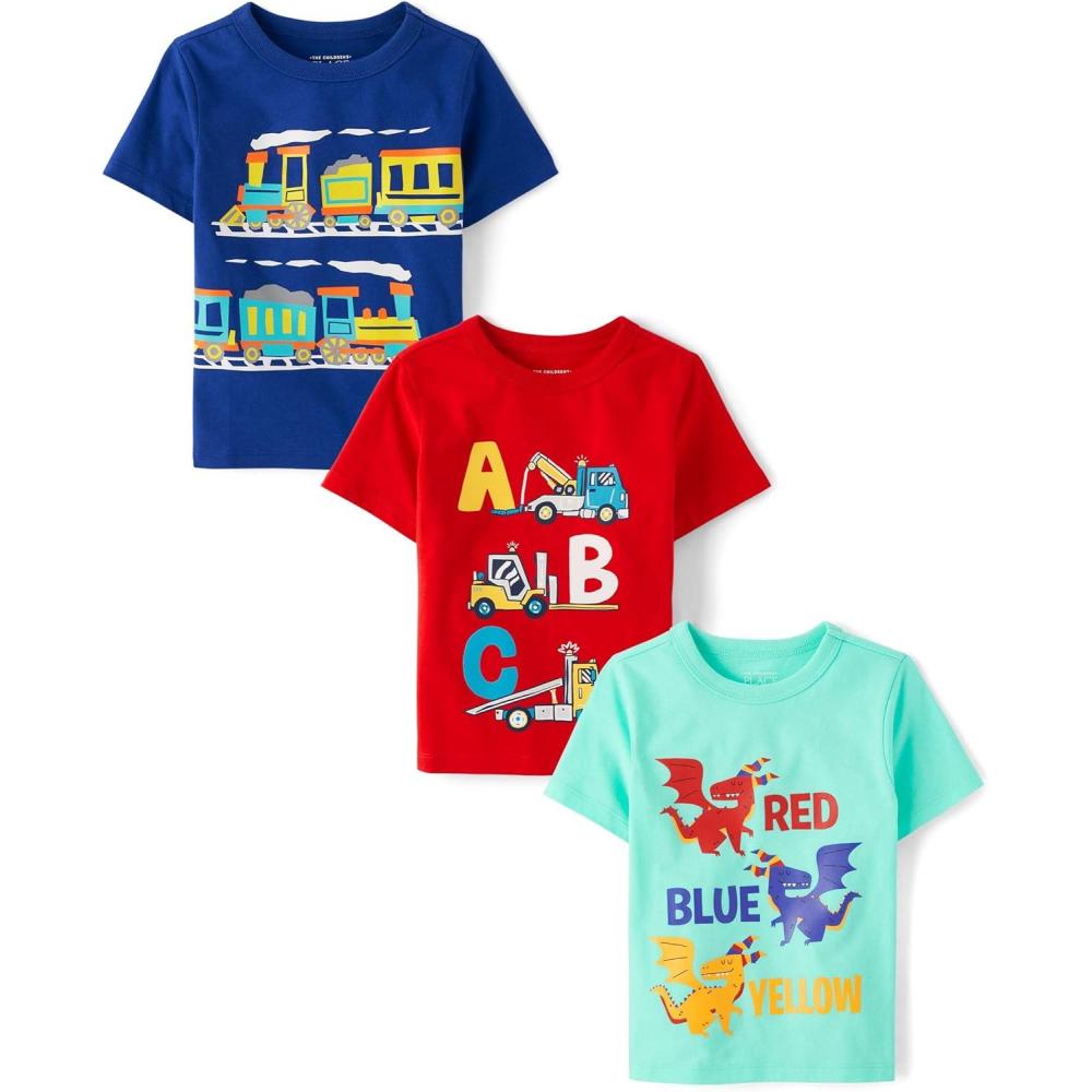 imageThe Childrens Place BabyBoys and Toddler SchoolLearning Short Sleeve Graphic TShirts3 PackVehiclesDragon ColorsTrain