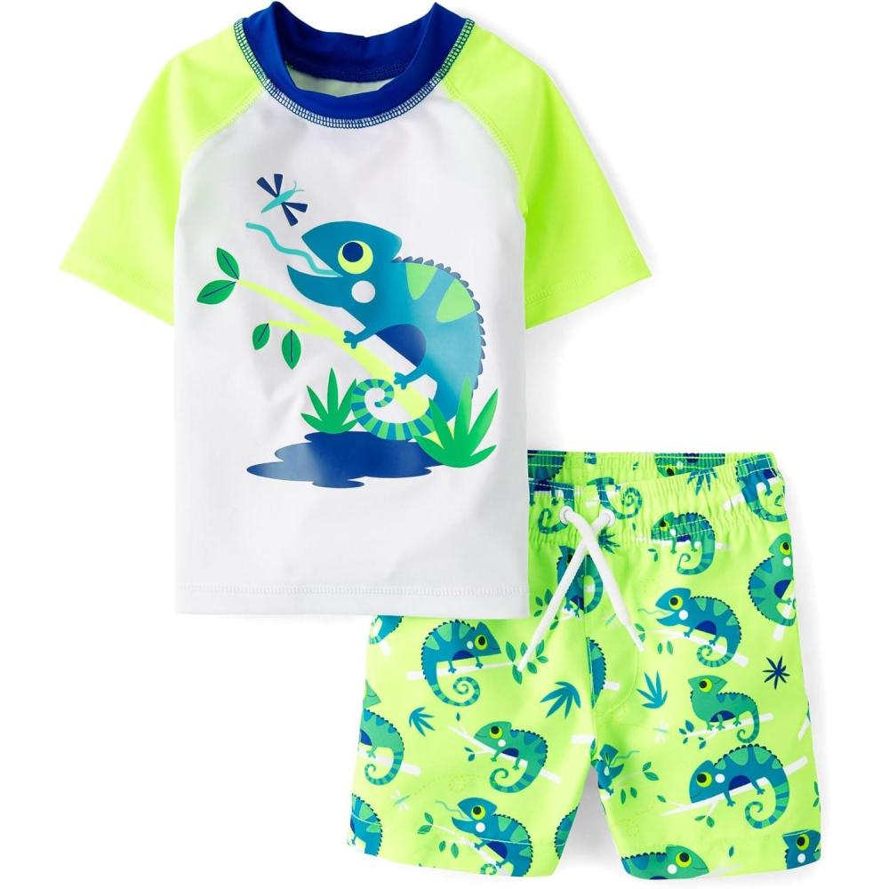imageThe Childrens Place BabyBoys and Toddler Short Sleeve Rashguard and BottomsNeon Lime