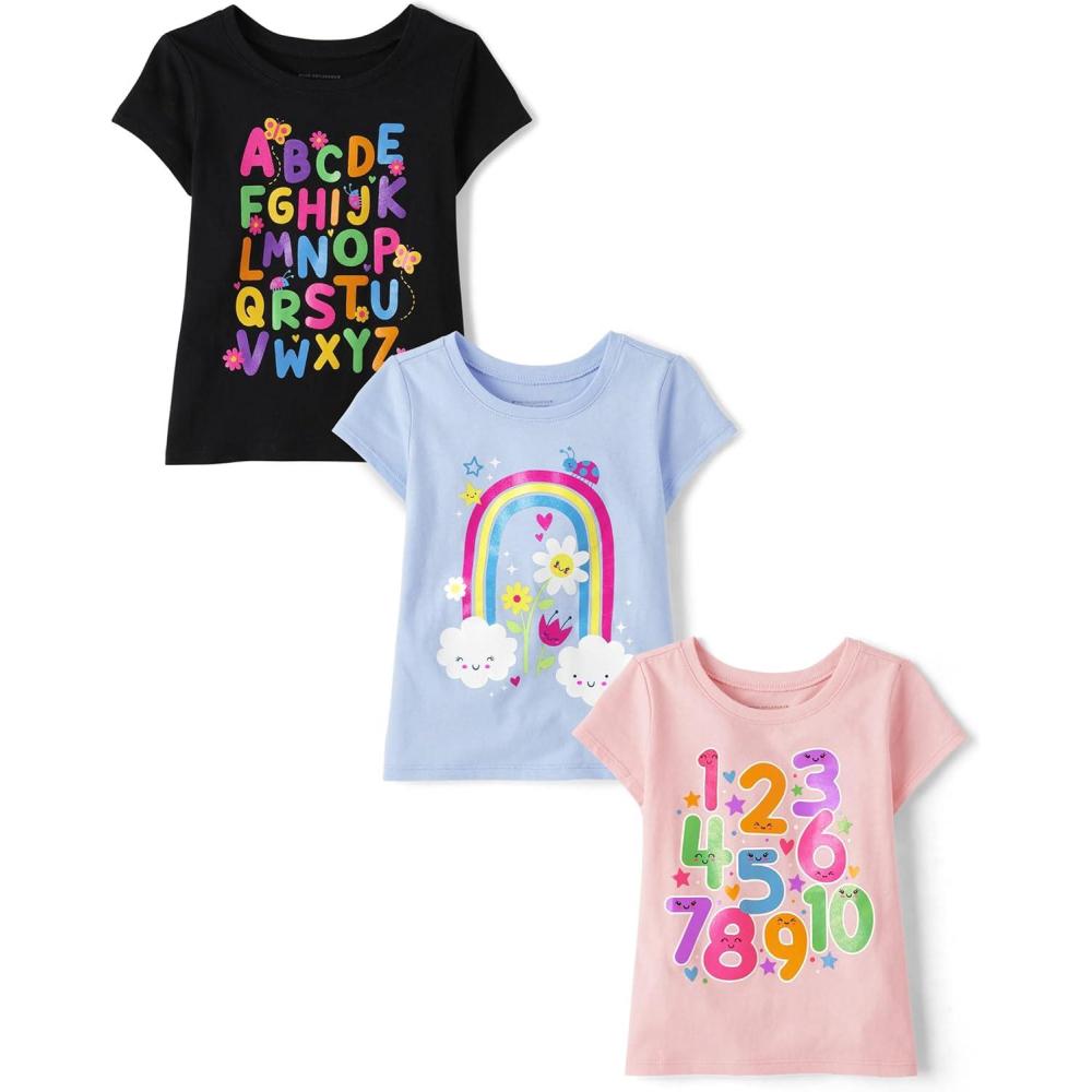 imageThe Childrens Place BabyGirls and Toddler SchoolLearning Short Sleeve Graphic TShirts3 PackAlphabetNumbersRainbow