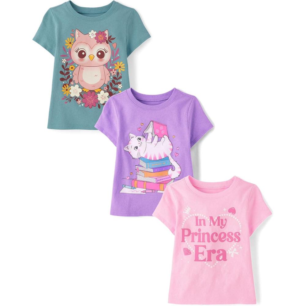 imageThe Childrens Place BabyGirls and Toddler SchoolLearning Short Sleeve Graphic TShirts3 PackCat BooksPrincess EraOwl