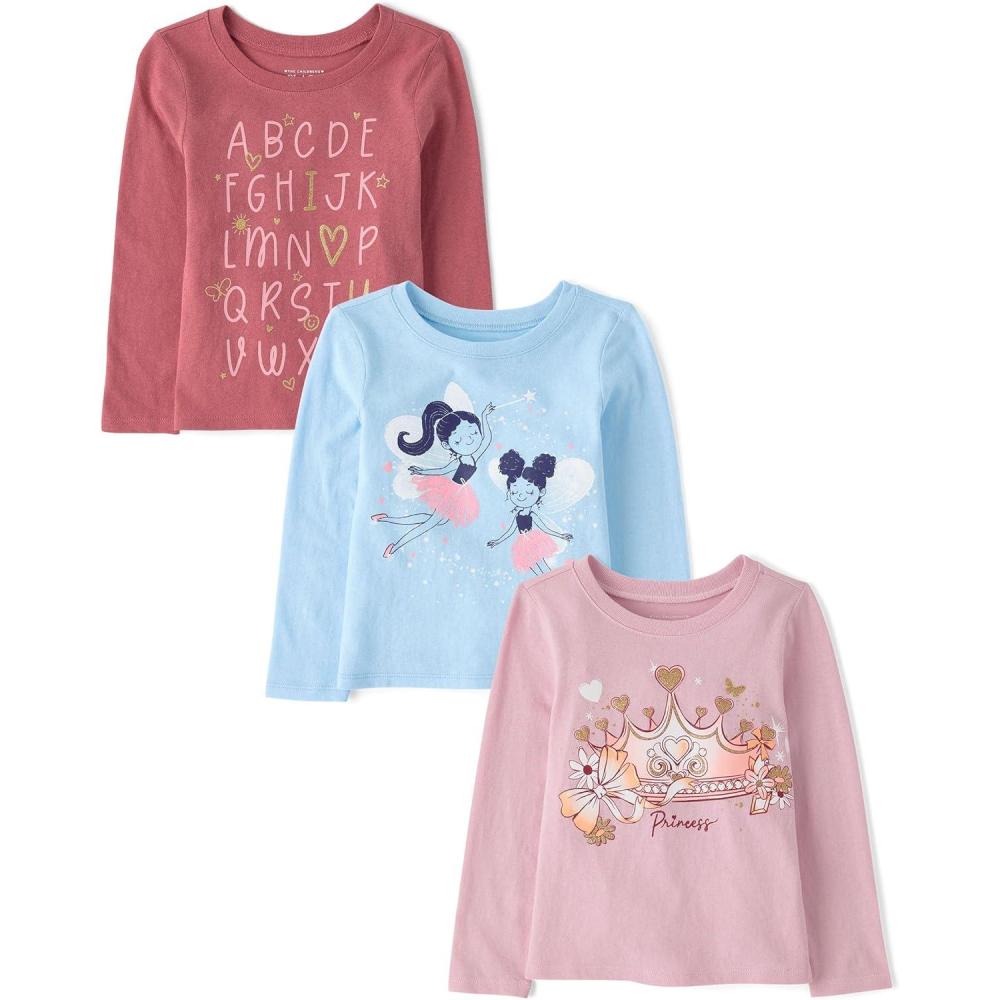 imageThe Childrens Place BabyGirls and Toddler UnicornsButterfliesTrends Long Sleeve Graphic TShirts3 PackAlaphabetFairiesCrown