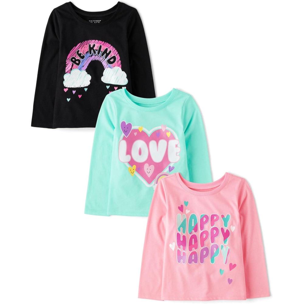 imageThe Childrens Place BabyGirls and Toddler UnicornsButterfliesTrends Long Sleeve Graphic TShirts3 PackBe KindLoveHappy