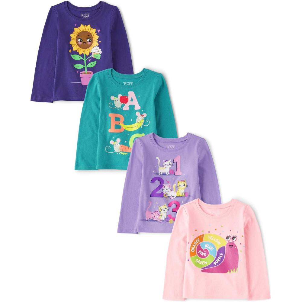 imageThe Childrens Place BabyGirls and Toddler UnicornsButterfliesTrends Long Sleeve Graphic TShirts4 PackAbcColor WheelFlower123 3pack