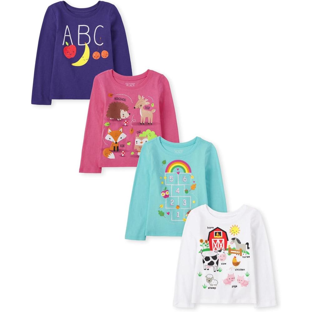 imageThe Childrens Place BabyGirls and Toddler UnicornsButterfliesTrends Long Sleeve Graphic TShirts4 PackHopscotchAnimalsAbcFarm