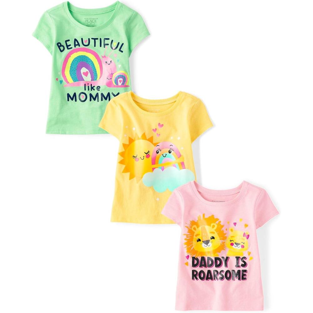 imageThe Childrens Place BabyGirls and Toddler UnicornsButterfliesTrends Short Sleeve Graphic TShirts3 PackBeautiful MommySunshineDaddy Roarsome