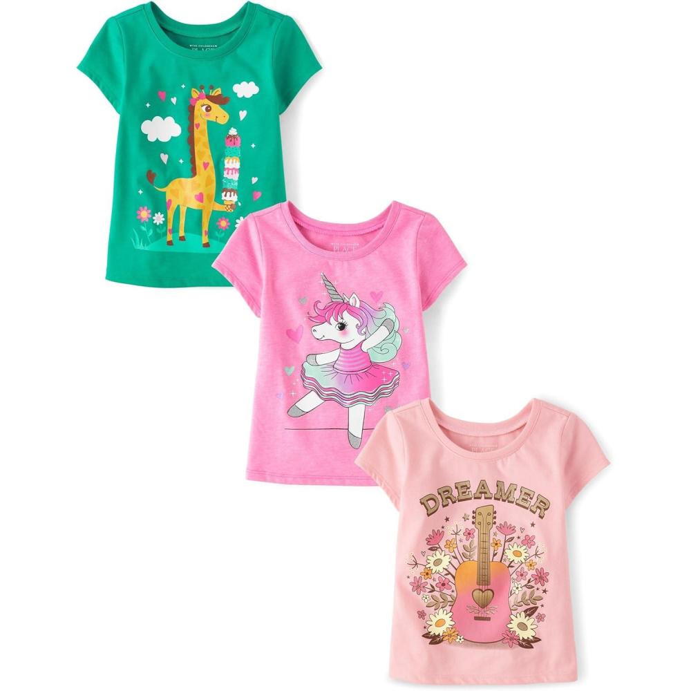 imageThe Childrens Place BabyGirls and Toddler UnicornsButterfliesTrends Short Sleeve Graphic TShirts3 PackGiraffeUnicornGuitar