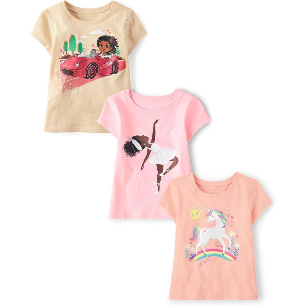 imageThe Childrens Place BabyGirls and Toddler UnicornsButterfliesTrends Short Sleeve Graphic TShirts3 PackGirl CarUnicornDance