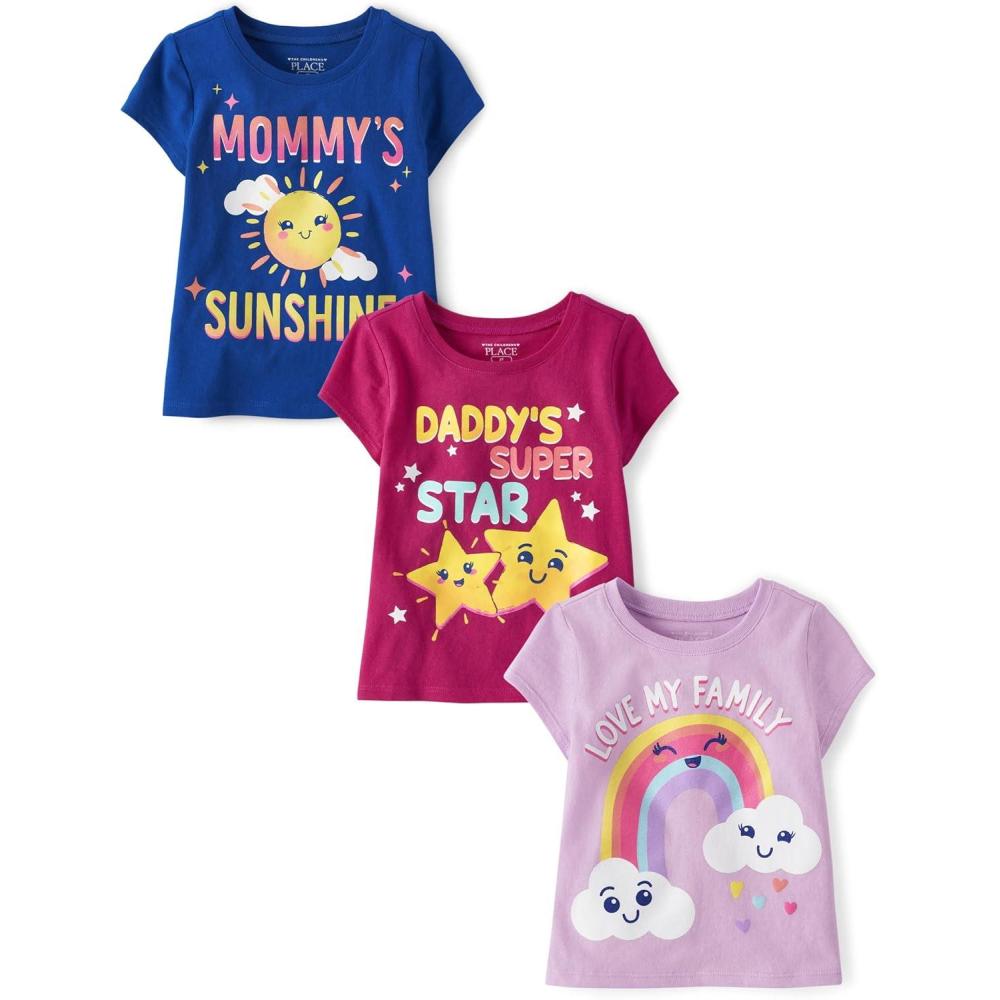imageThe Childrens Place BabyGirls and Toddler UnicornsButterfliesTrends Short Sleeve Graphic TShirts3 PackLove FamilyMommy SunshineDaddys Star