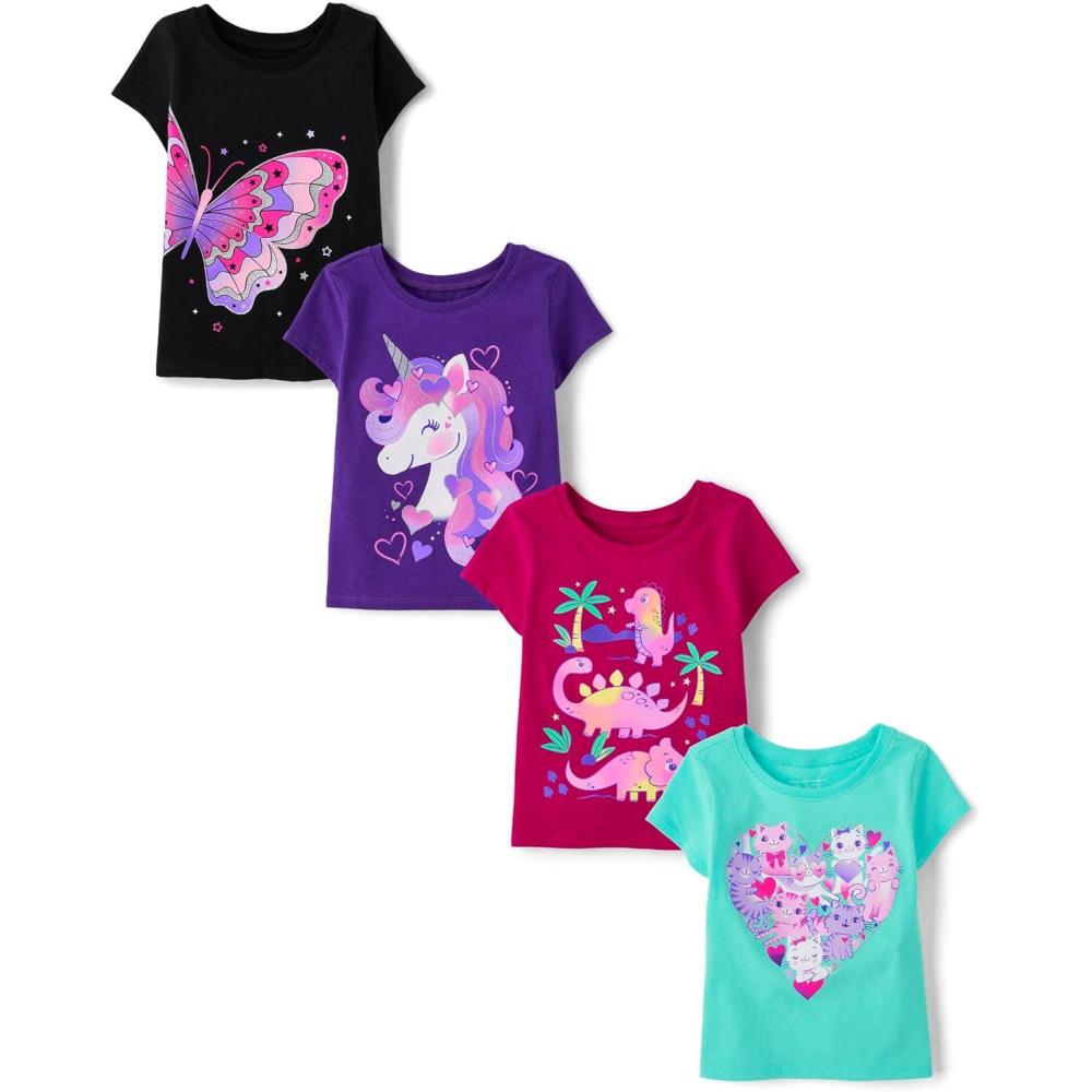 imageThe Childrens Place BabyGirls and Toddler UnicornsButterfliesTrends Short Sleeve Graphic TShirts4 PackDinoUnicornAnimalButterfly