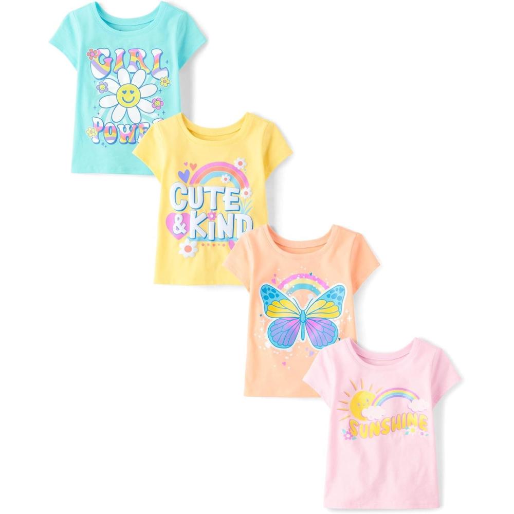 imageThe Childrens Place BabyGirls and Toddler UnicornsButterfliesTrends Short Sleeve Graphic TShirts4 PackPowerKindButterflySunshine