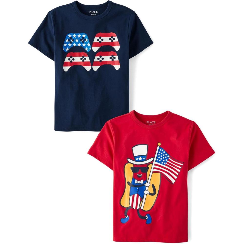 imageThe Childrens Place Boys All HolidaysBirthdays Short Sleeve Graphic TShirts2 PackAmerican Flag GameHot Dog
