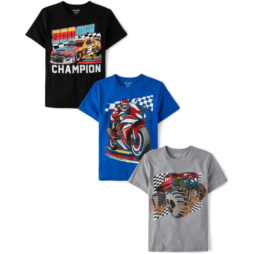 imageThe Childrens Place Boys AnimalsCars Short Sleeve Graphic TShirts3 PackMonster TruckChampionBiker