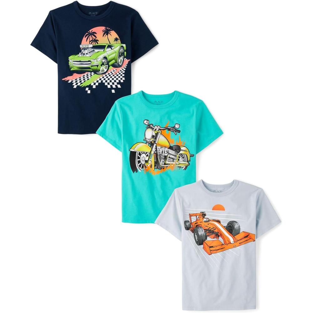 imageThe Childrens Place Boys AnimalsCars Short Sleeve Graphic TShirts3 PackRacecarBeach CarMotorcycle