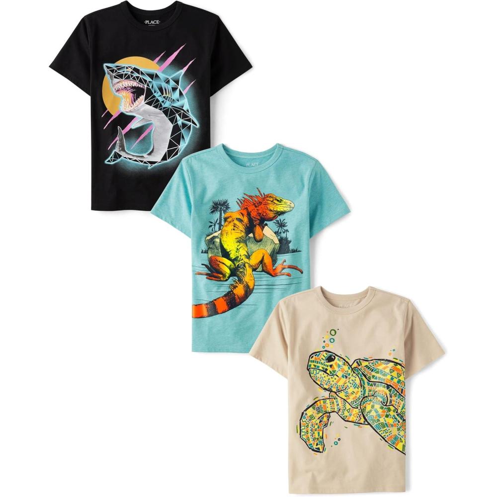 imageThe Childrens Place Boys AnimalsCars Short Sleeve Graphic TShirts3 PackSharkIguanaTurtle